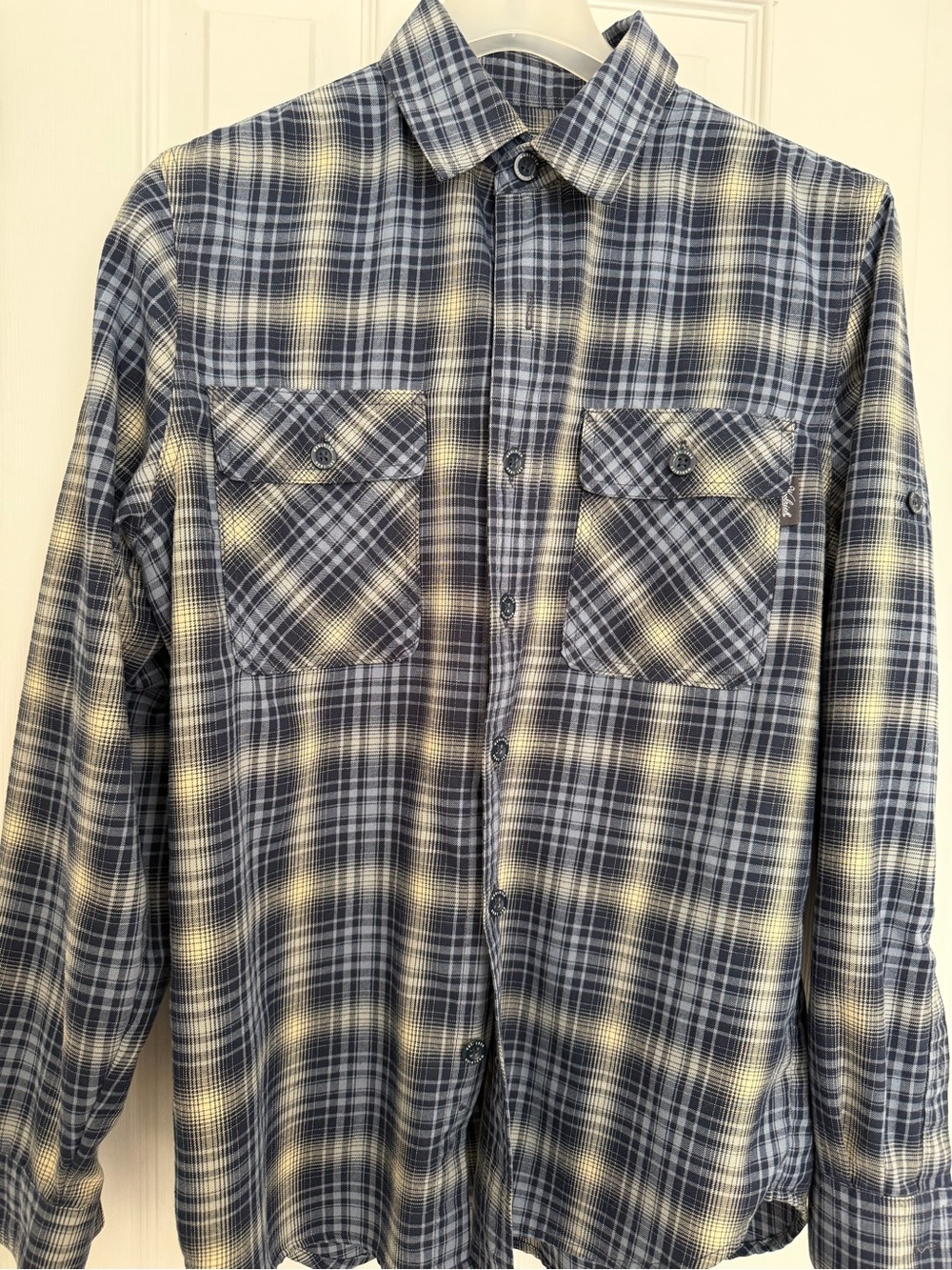Woolrich Men's Blue and White Plaid Button-Down Shirt